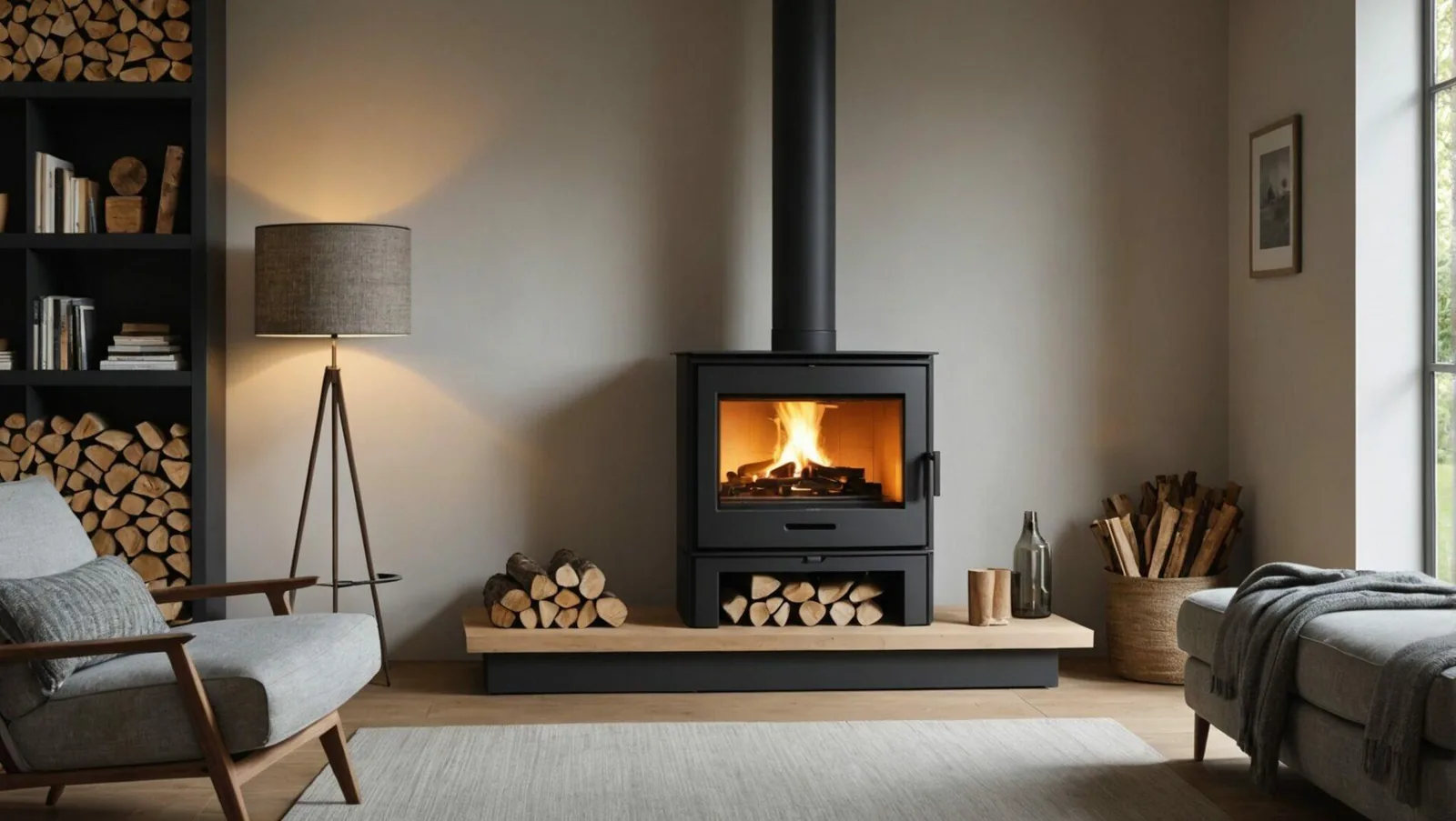 Poêle à bois allumé dans un salon